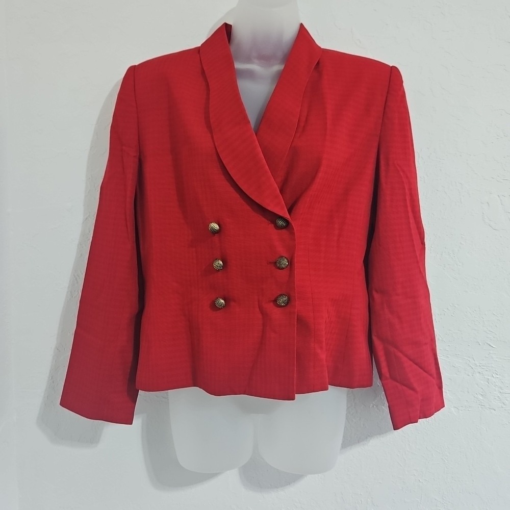 Le Suit Blazer Jacket Womens Sz 12 Petite Red Button Up Double Breasted Office